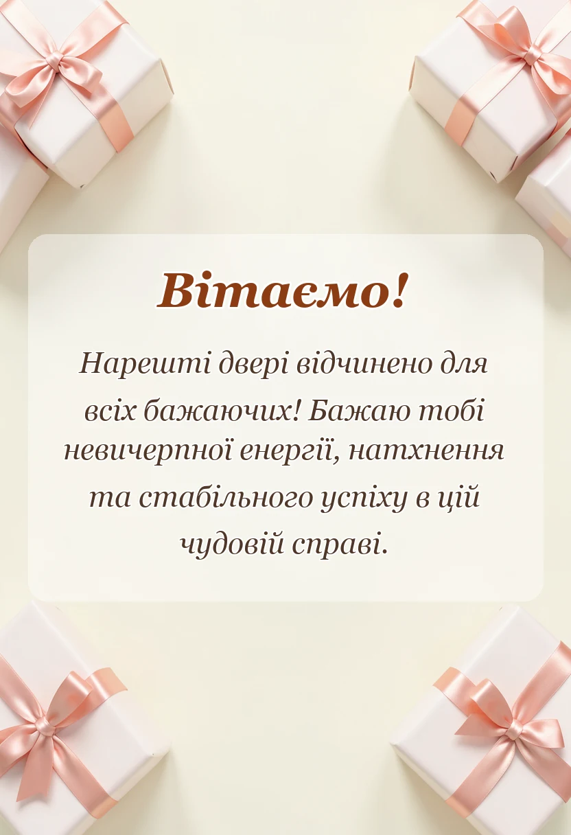 красива листівка: привітання з відкриттям магазину салону кавярні чи іншого закладу своїми словами