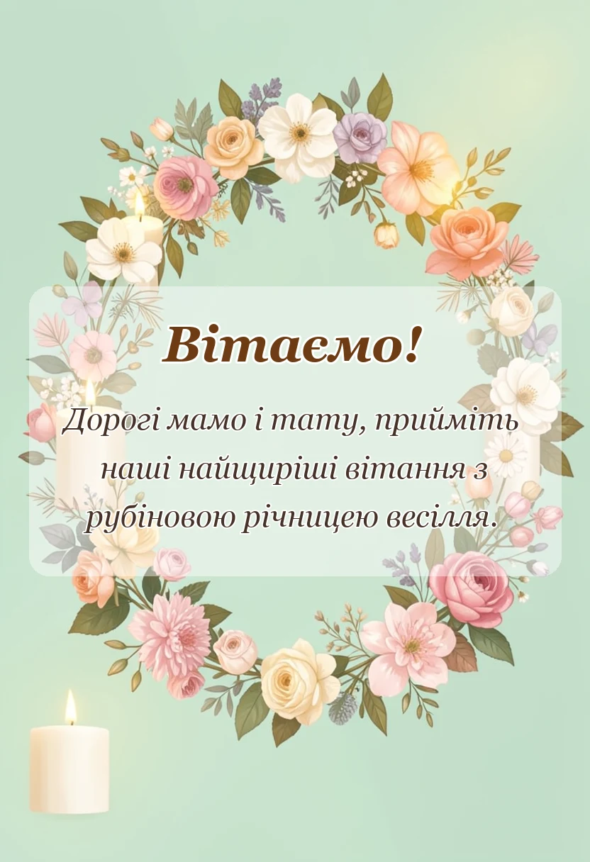 листівка з побажанням - привітання з рубіновим весіллям батькам