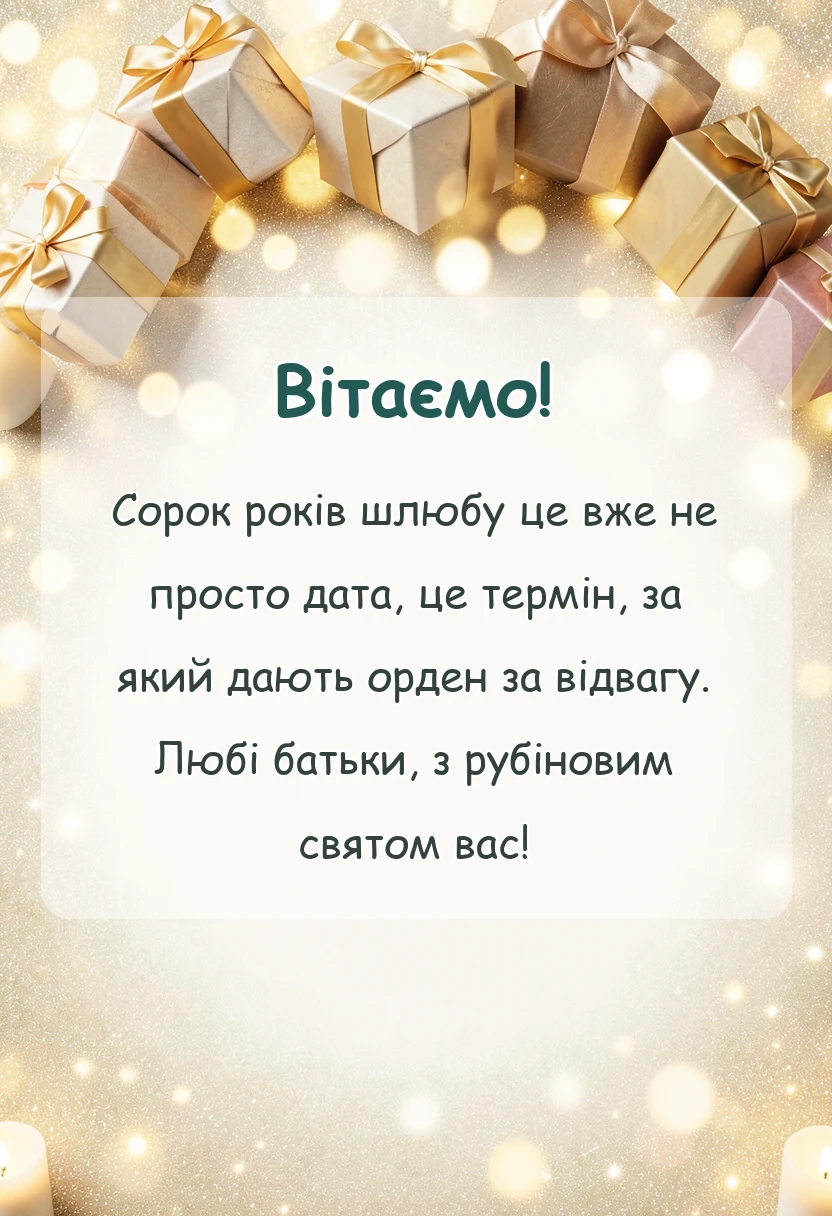 красива листівка: привітання з рубіновим весіллям батькам