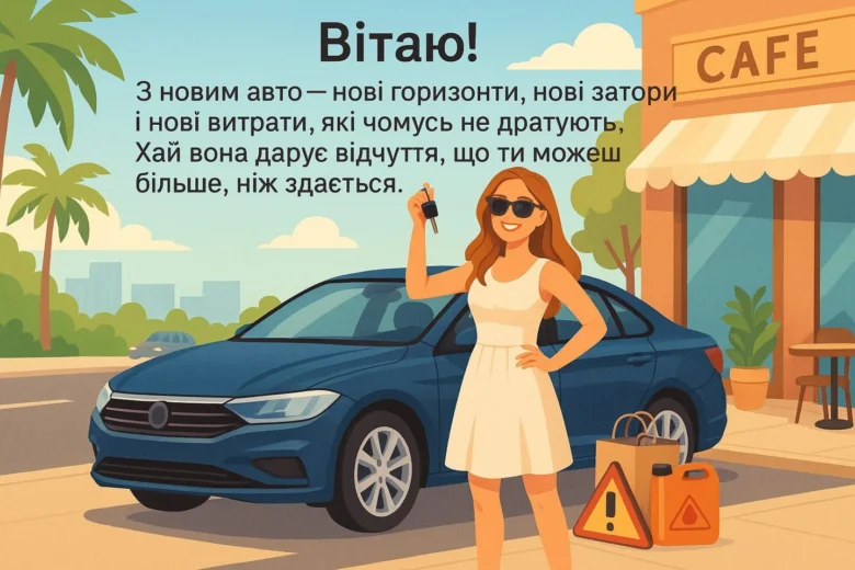 Жінка з ключами від нового автомобіля на фоні кав'ярні.