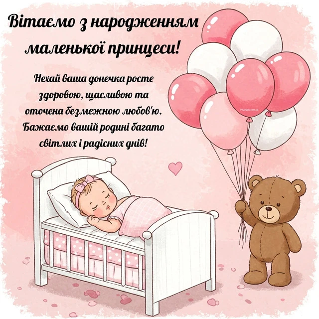 Сонна дівчинка в ліжечку з ведмедиком та кульками.