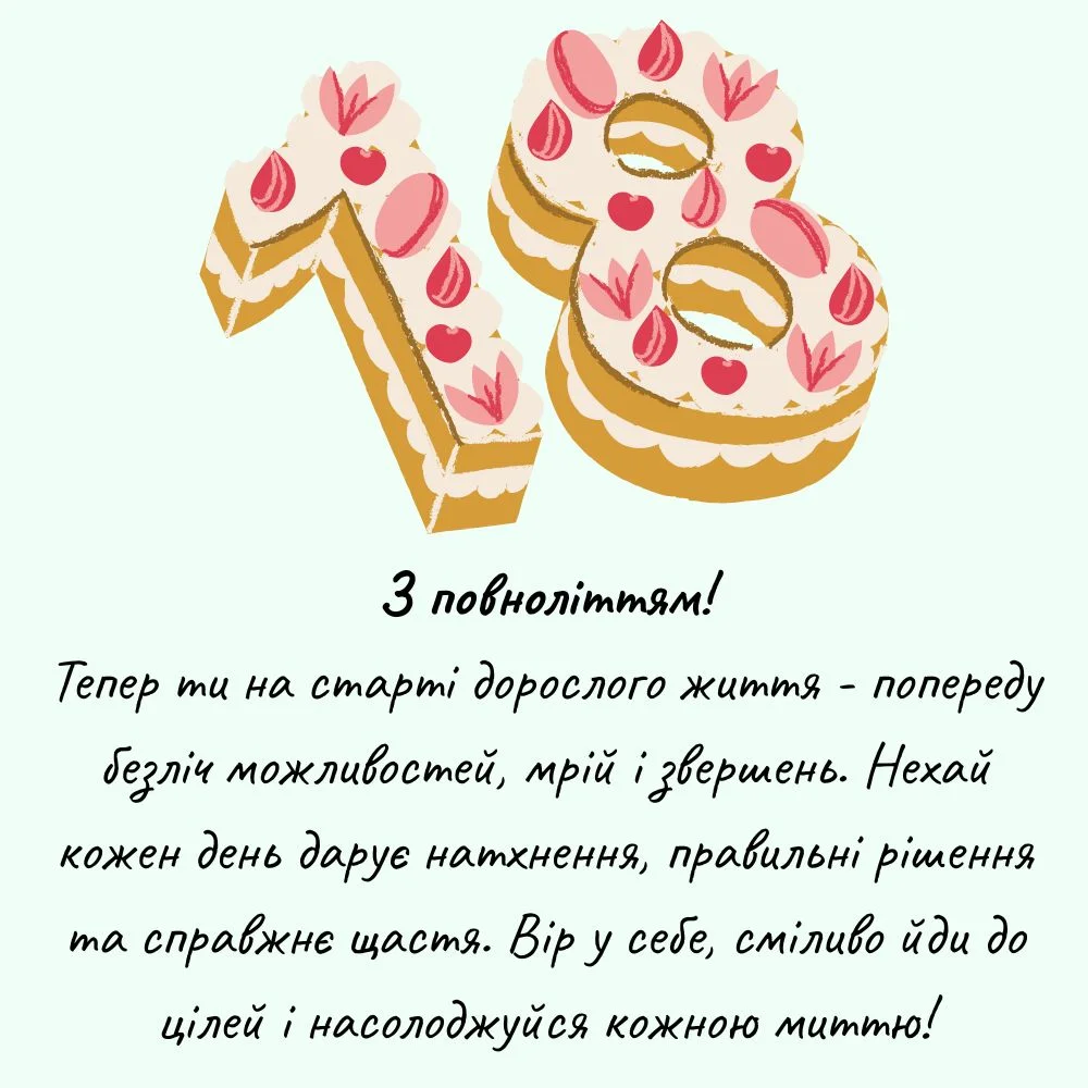 Торт у формі цифр 18 з привітанням на день народження.