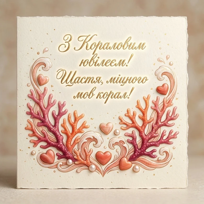 Картка з кораловим весіллям: корали, серця та перлини.