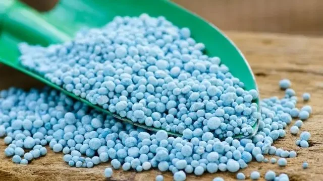 Сині гранули калійних добрив у зеленій лопатці.