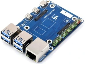 Синя платка Raspberry Pi з портами для підключення.