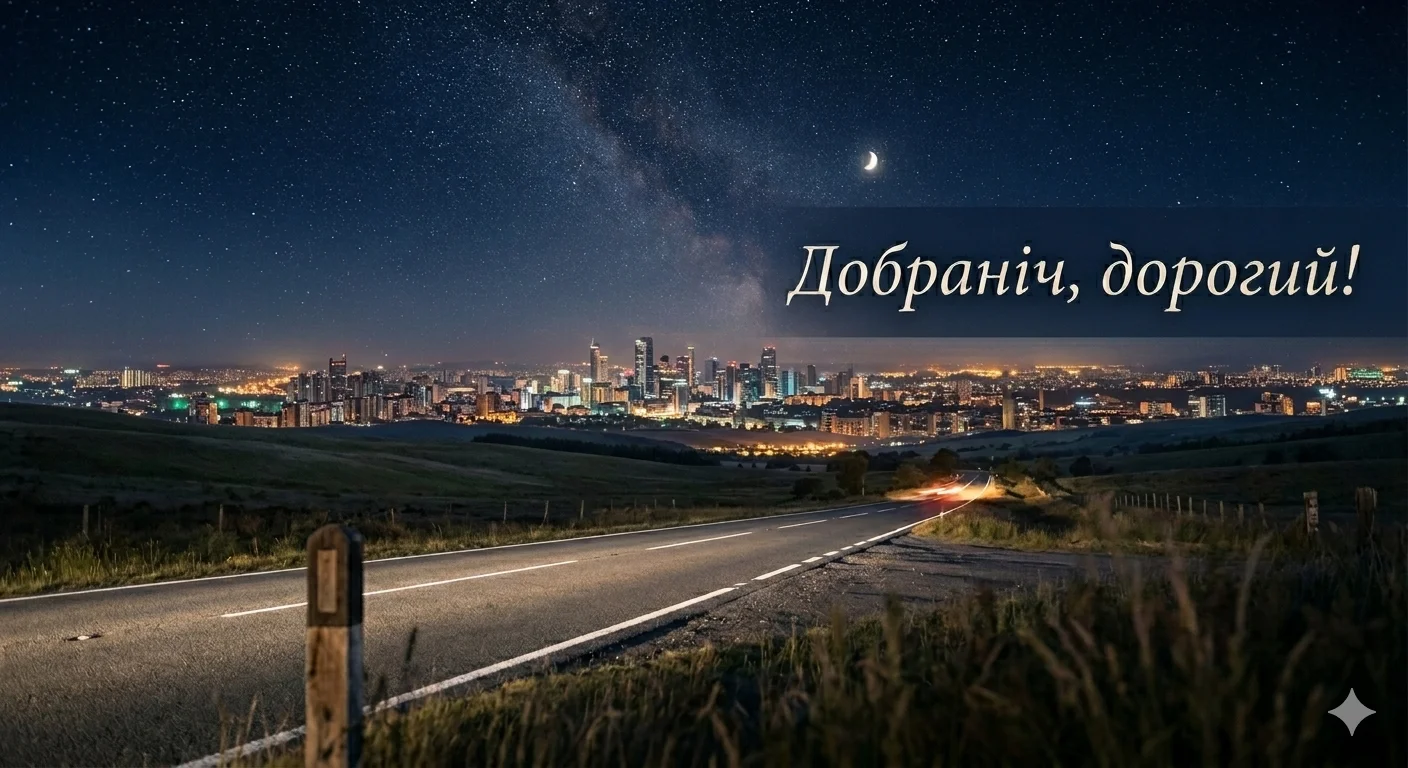 Нічне місто з зірками та побажанням добраніч українською.