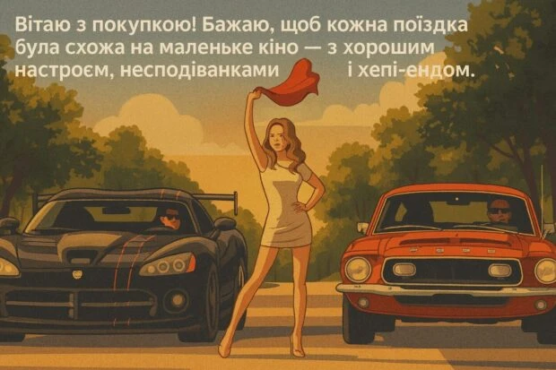 Жінка між двома машинами на фоні заходу сонця з привітанням.