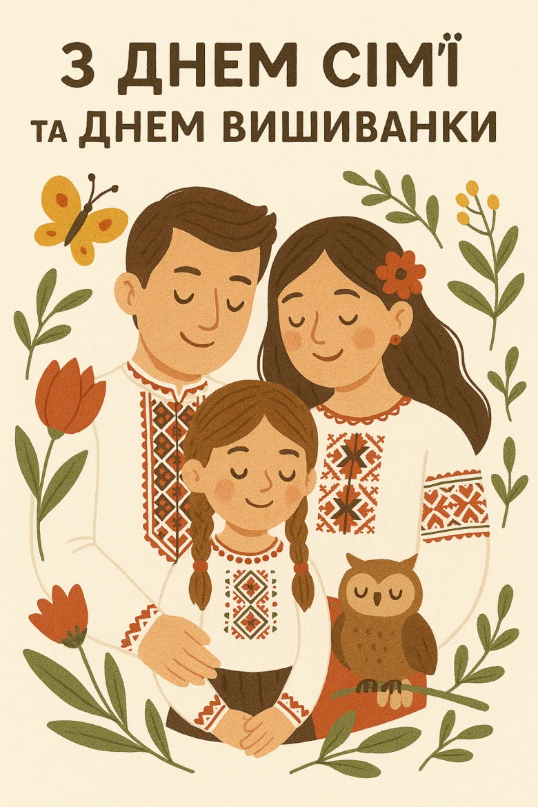 Сім'я в вишиванках з квітами та совами на фоні