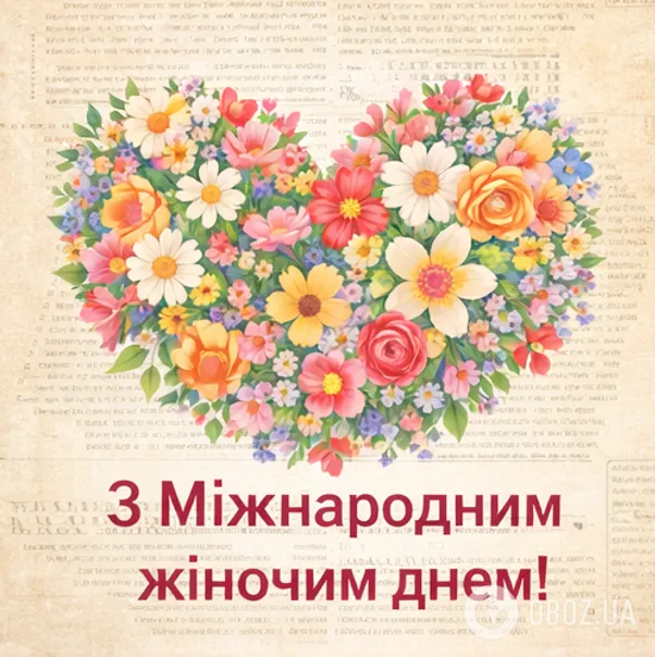 Серце з квітів та привітання з Міжнародним жіночим днем.