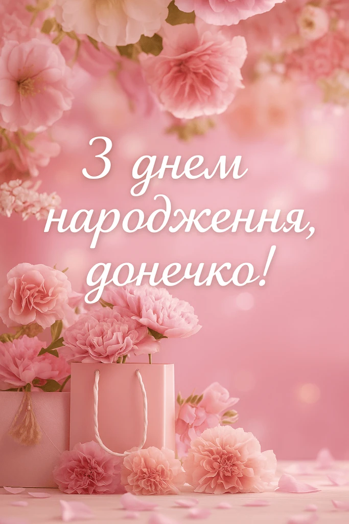 Розові квіти та подарунки для доньки з днем народження.