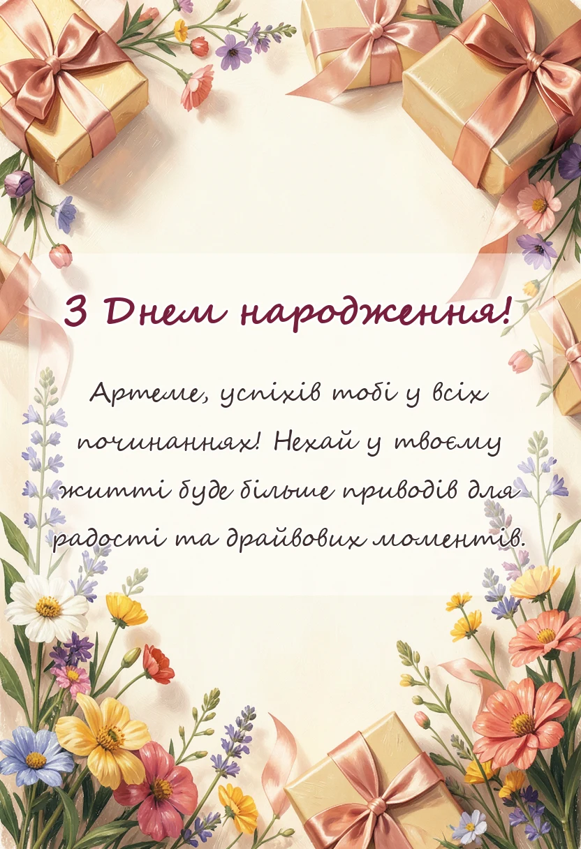 листівка з побажанням - привітання з днем народження артема своїми словами