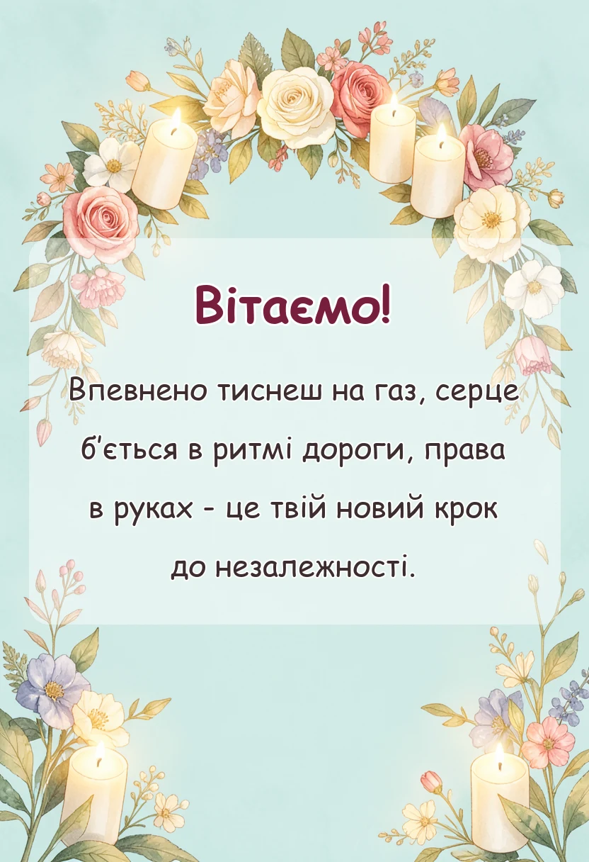 вітальна листівка - картинки з отриманням прав своїми словами і у віршах
