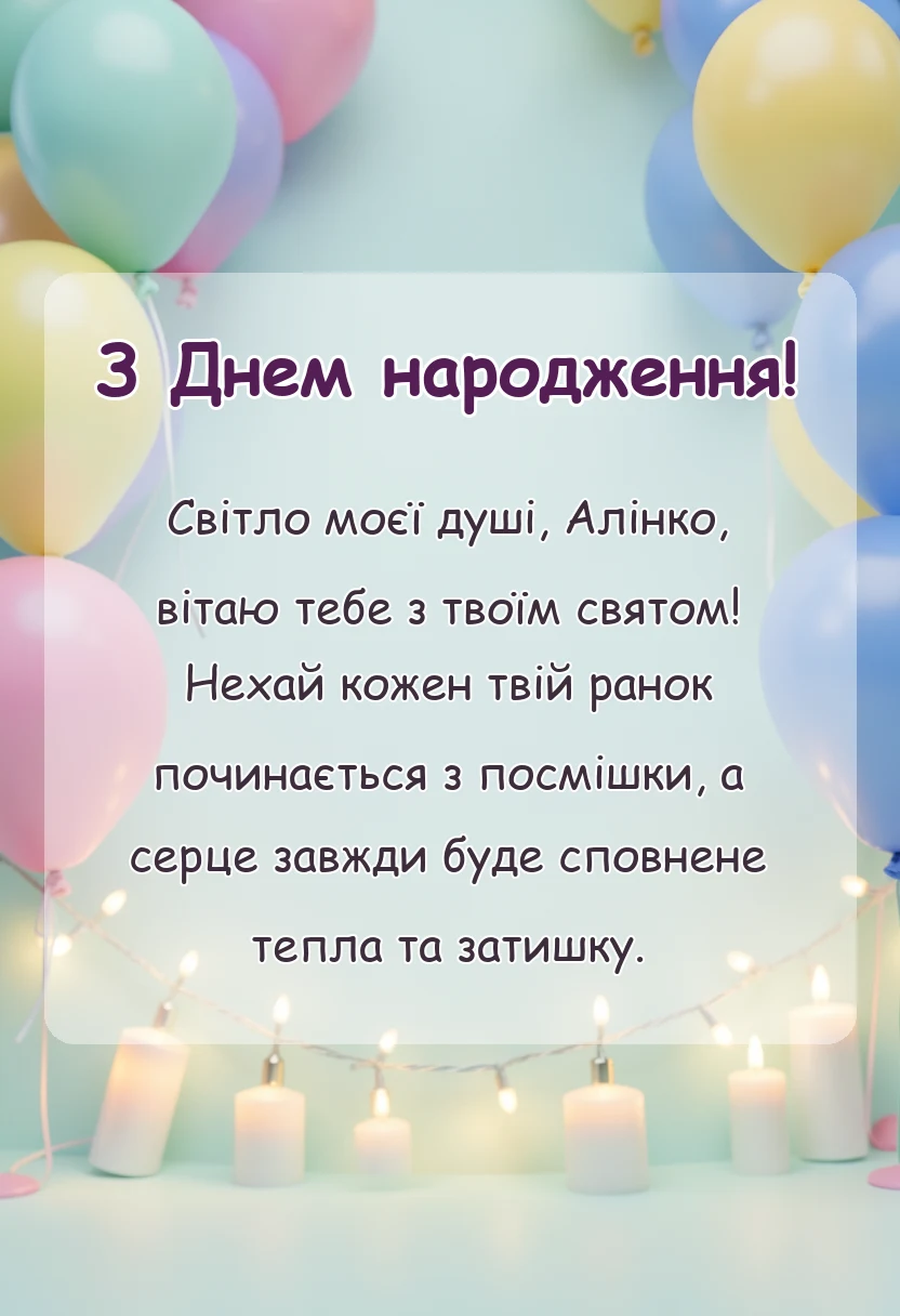 листівка з побажанням - привітання з днем народження аліні