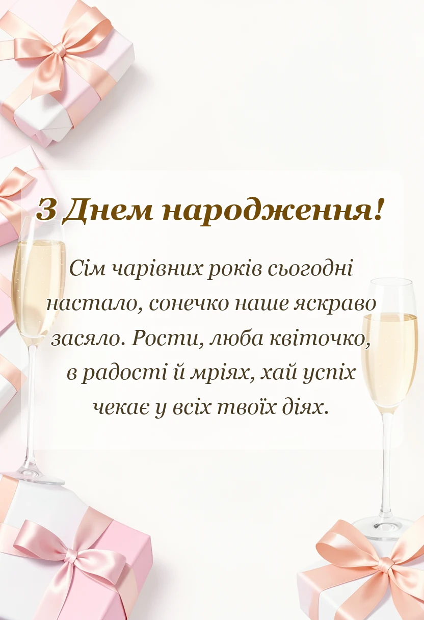 вітальна листівка - привітання з днем народження дівчинці сім років своїми словами