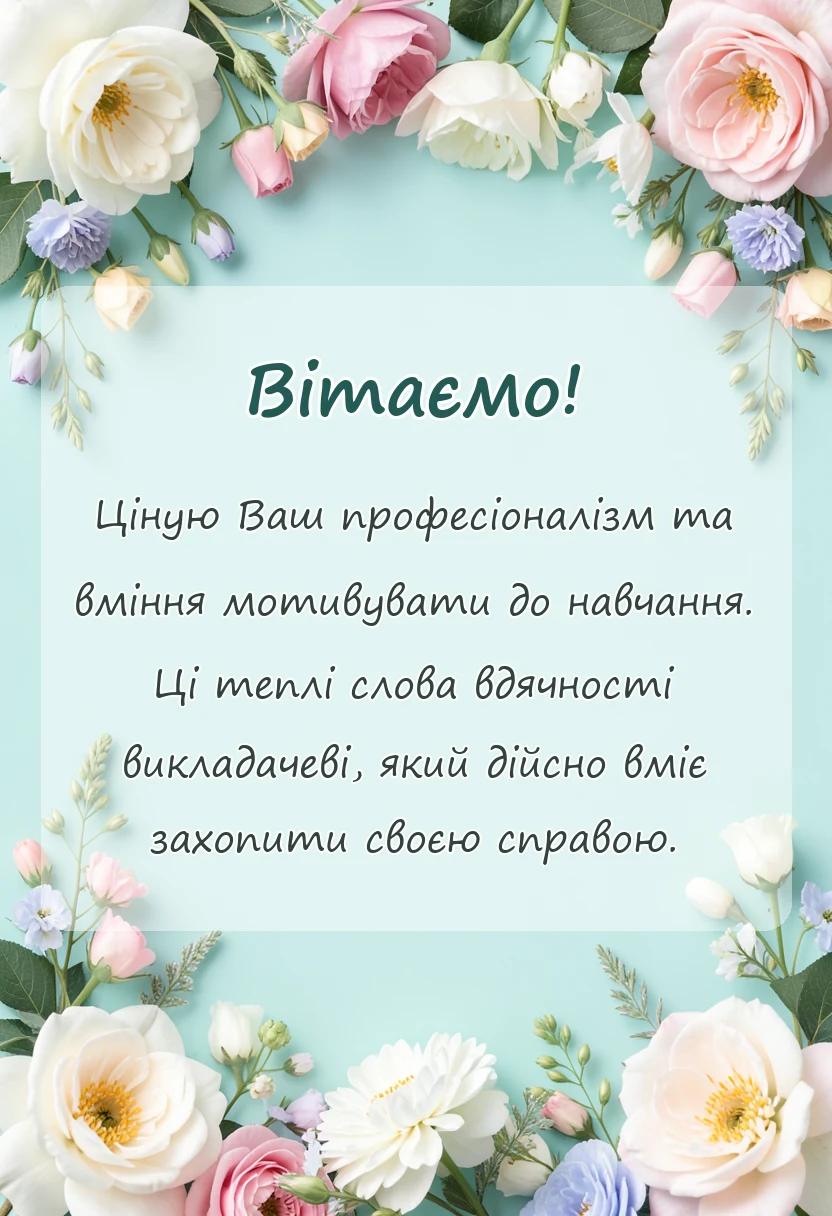 вітальна листівка - подяка викладачу своїми словами у прозі