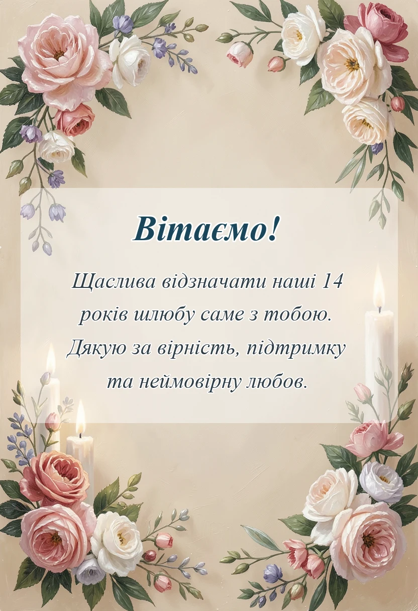 листівка з побажанням - привітання з 14 років весілля чоловіку