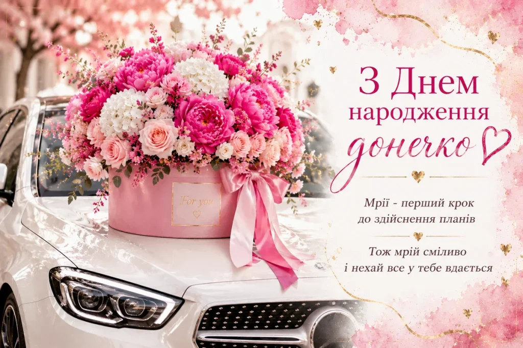 Квіти на машині з привітанням доньці від мами