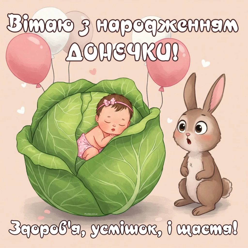 Сонна дівчинка в капусти та зайчик вітають з народженням.