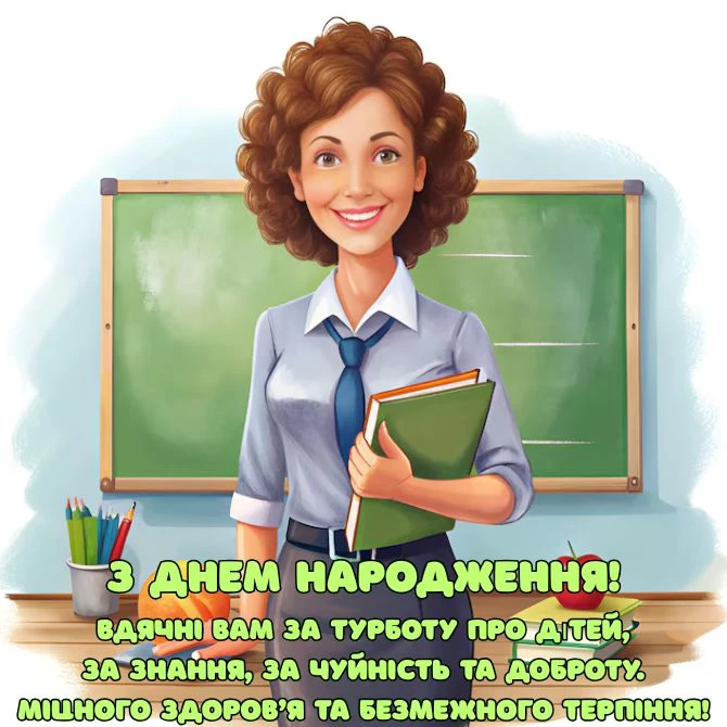 Вчителька з книгами на дошці. Привітання вчителю від батьків.