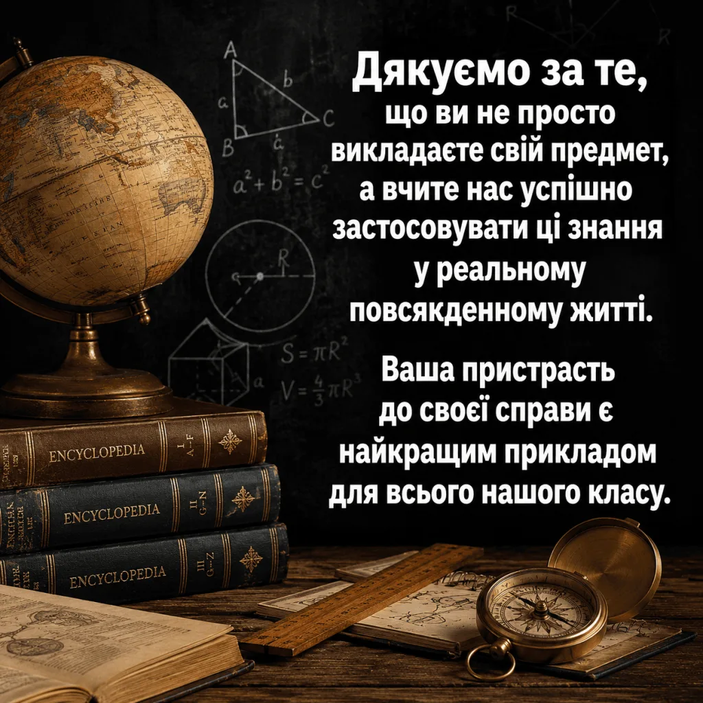 Подяка вчителю: книги, глобус та компас на дерев'янній столі.