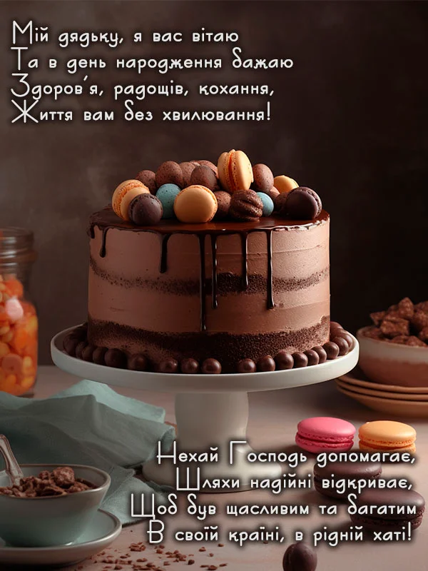 Шоколадний торт з макаронами та привітанням дядькові.