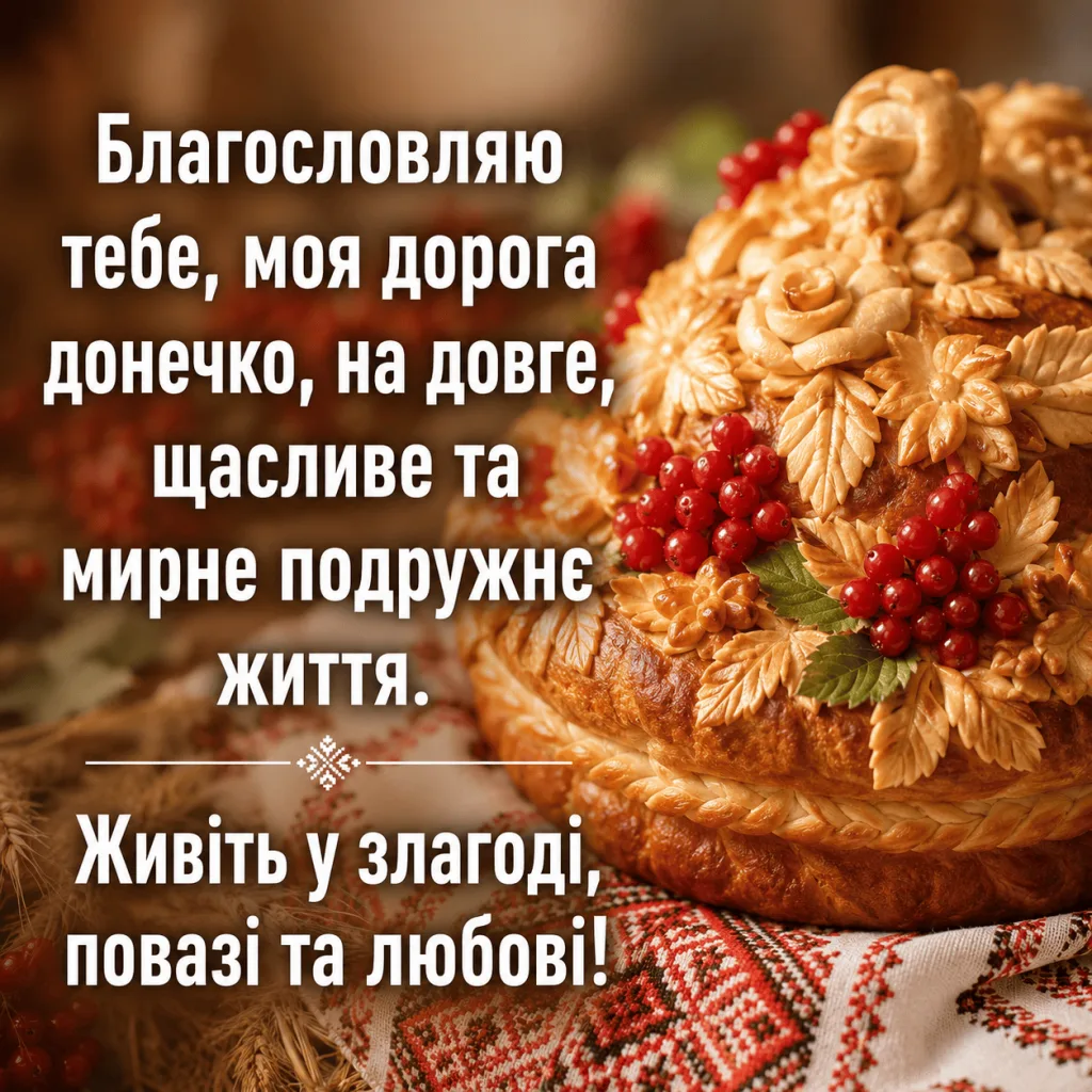 Український коровай з червоною калиною та благословенням від мами на весілля.