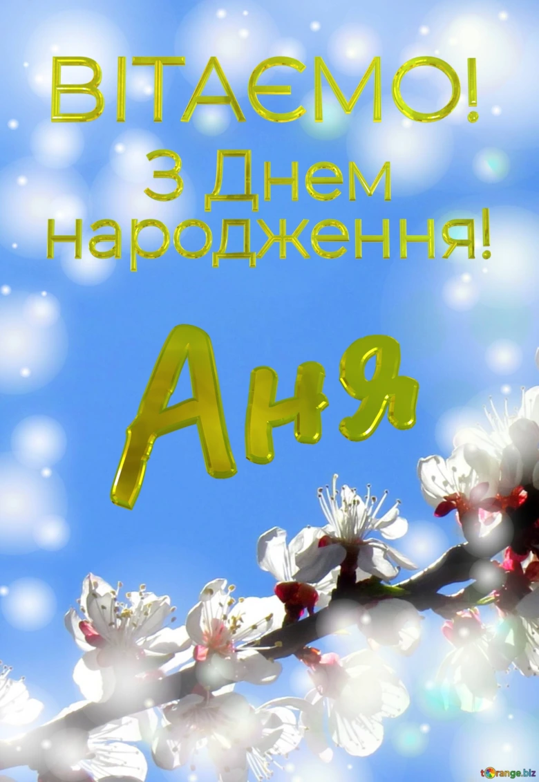 Привітання з днем народження Ані на фоні квітів.