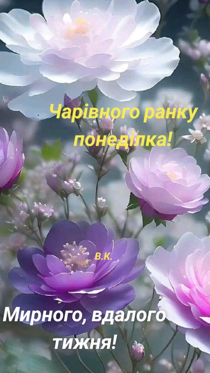Квіти та привітання мирного понеділка українською.