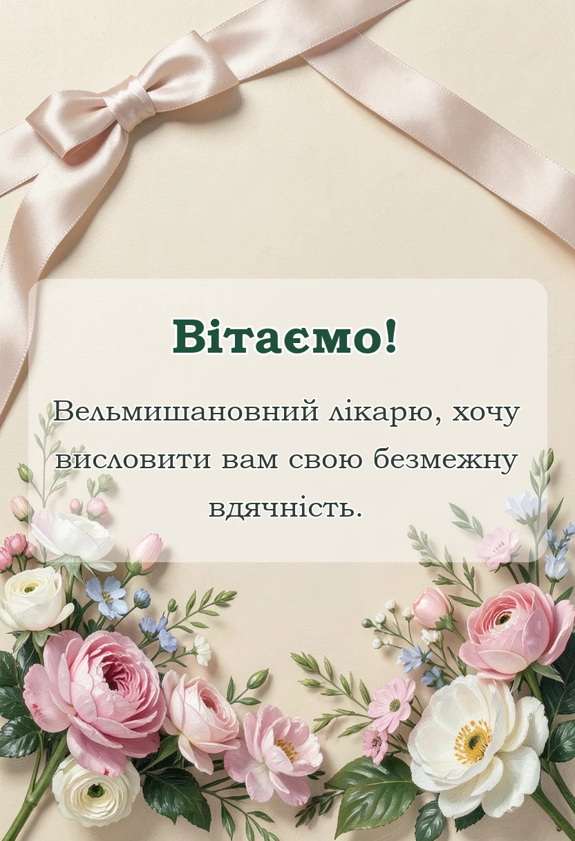Квіти та стрічка з подякою лікарю українською мовою.