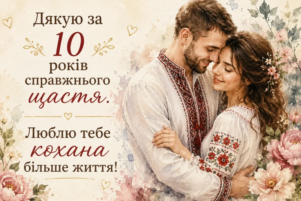 Чоловік і жінка в українському одязі обіймаються на фоні квітів.