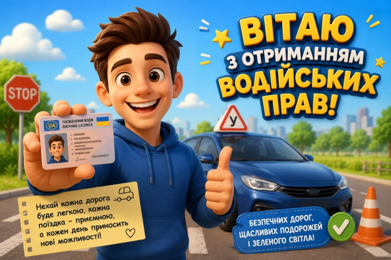 Чоловік тримає водійське посвідчення та підписується на отриманні прав.
