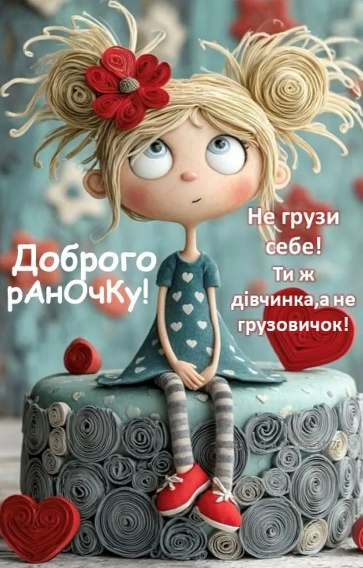Дівчинка з квітами та побажанням гарного дня українською.