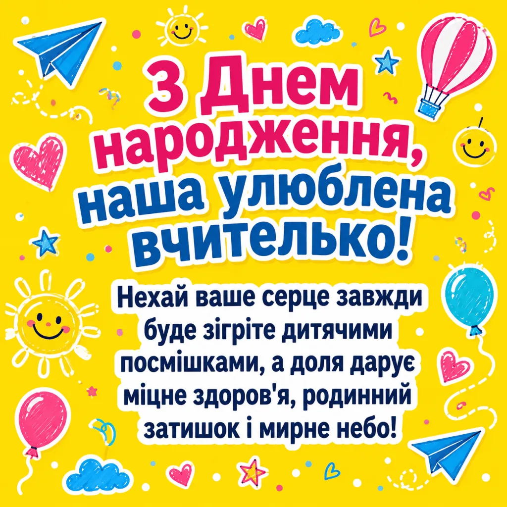 Яскраве привітання вчителя з днем народження українською мовою.
