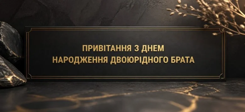 Чорна картка з золотим текстом привітання двоюрідному брату