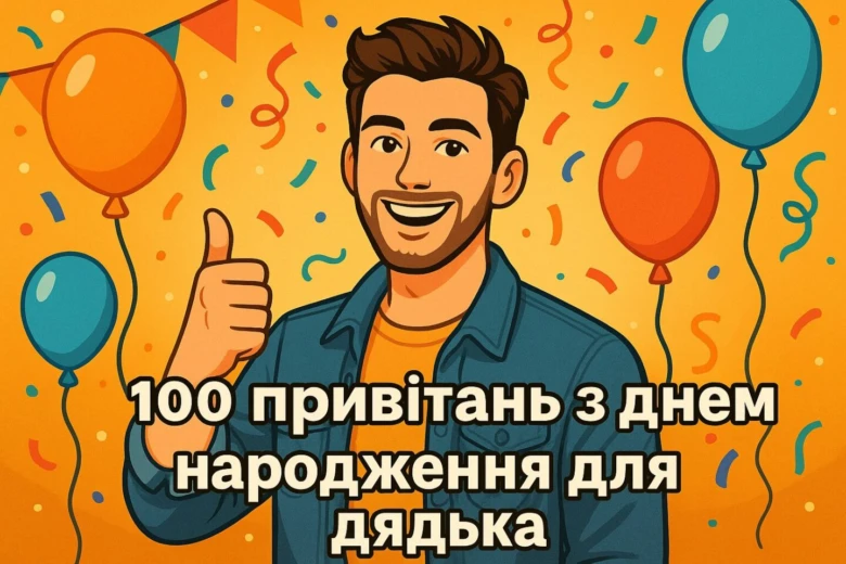 Чоловік з піднятим великим пальцем на фоні кульок та конфетті.