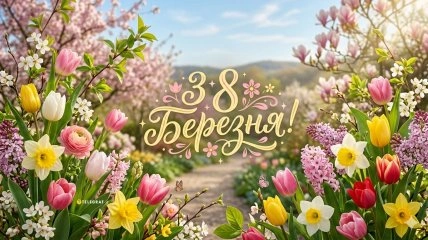Квіти та напис '3-є Березня!' на фоні весни