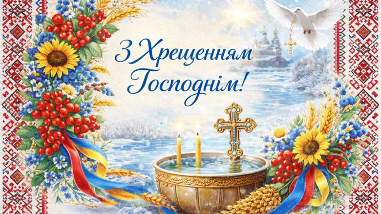 Водохрес: хрест, свічка, качка та церква на фоні.