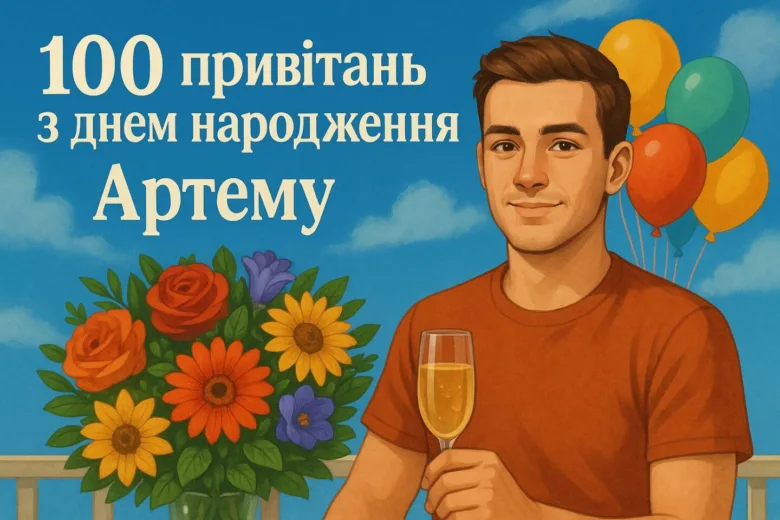 Чоловік тримає шампанське, квіти та кульки на фоні неба.