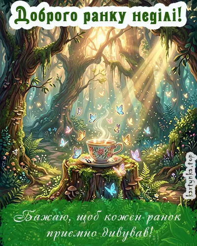 Чашка чаю в лісі з метеликами та промінням.
