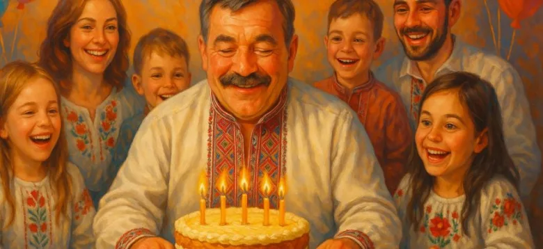 Дідусь святкує день народження з родиною та тортам.