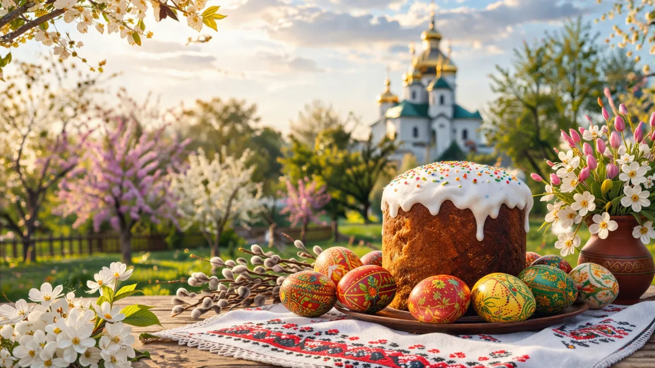 Великдень: кулич, писанки та квіти на фоні церкви.