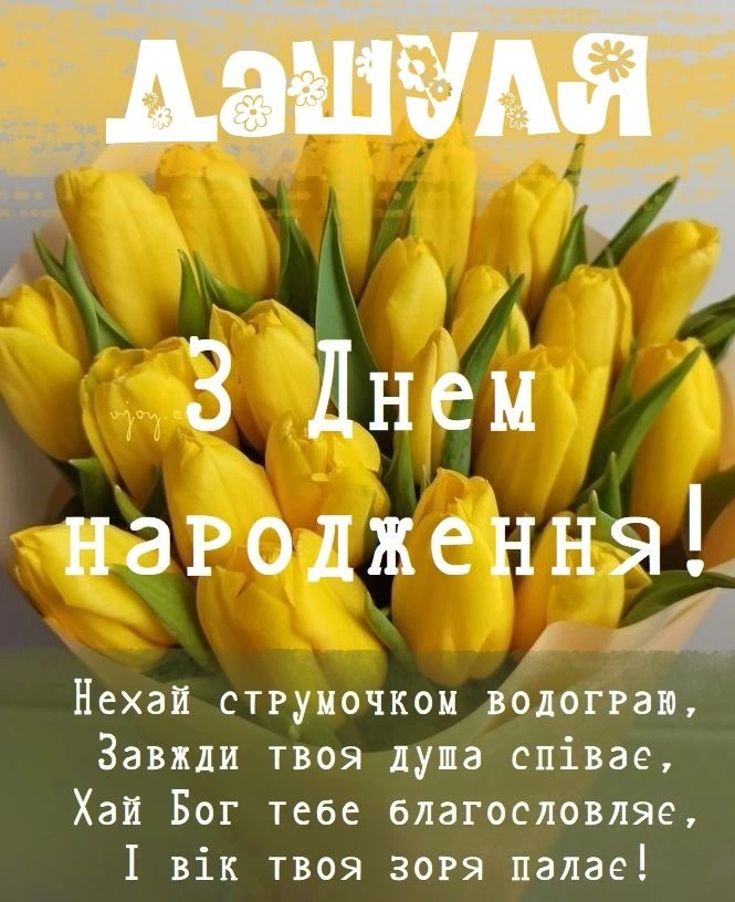 Жовті тюльпани з привітанням Даша на день народження