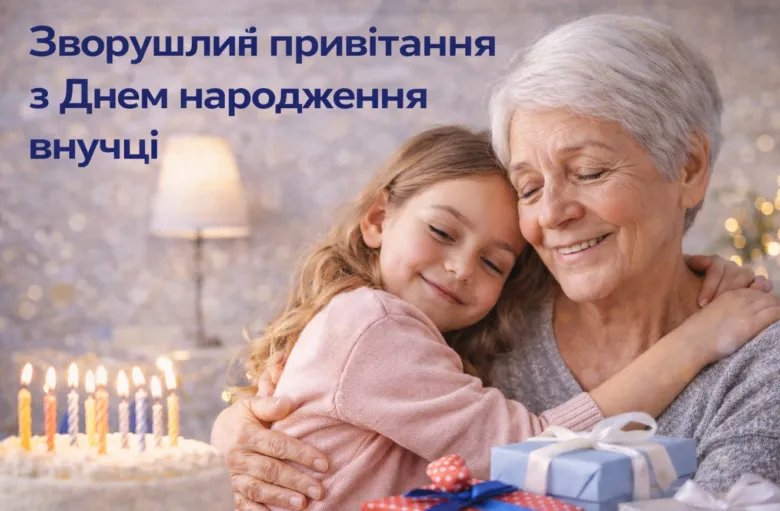 Бабуся обіймає внучку біля торта з свічками на день народження.