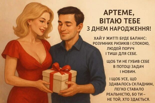Чоловік отримує подарунок від жінки з привітанням Артему.
