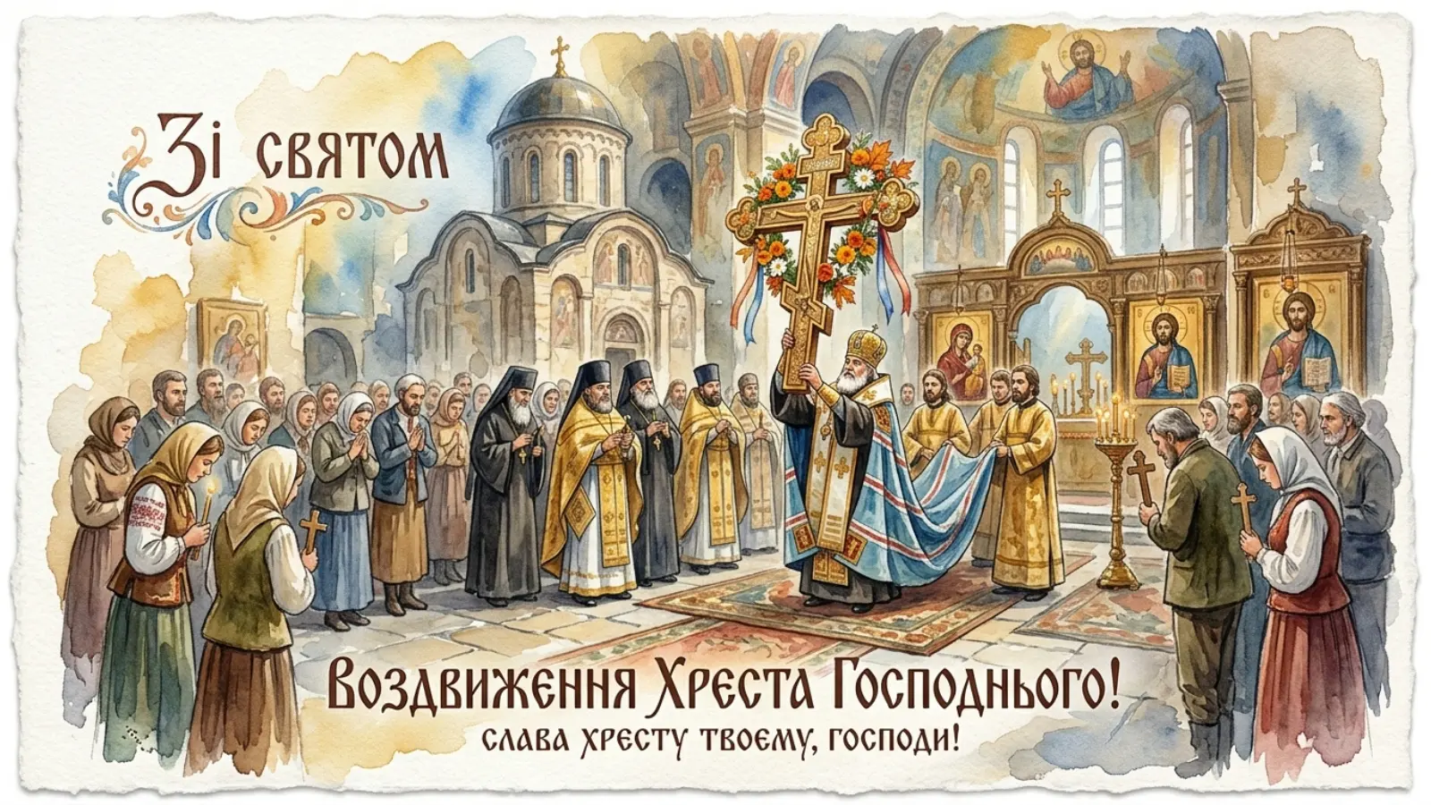 Свято Воздвиження Чесного Хреста з кліром та віруючими в церкві.