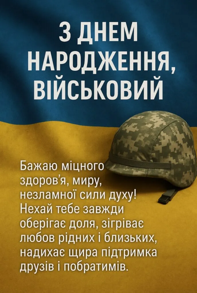 Вітання з днем народження для військового брата на фоні прапора України.