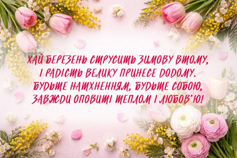 Квіти та привітання на Міжнародний жіночий день українською мовою.