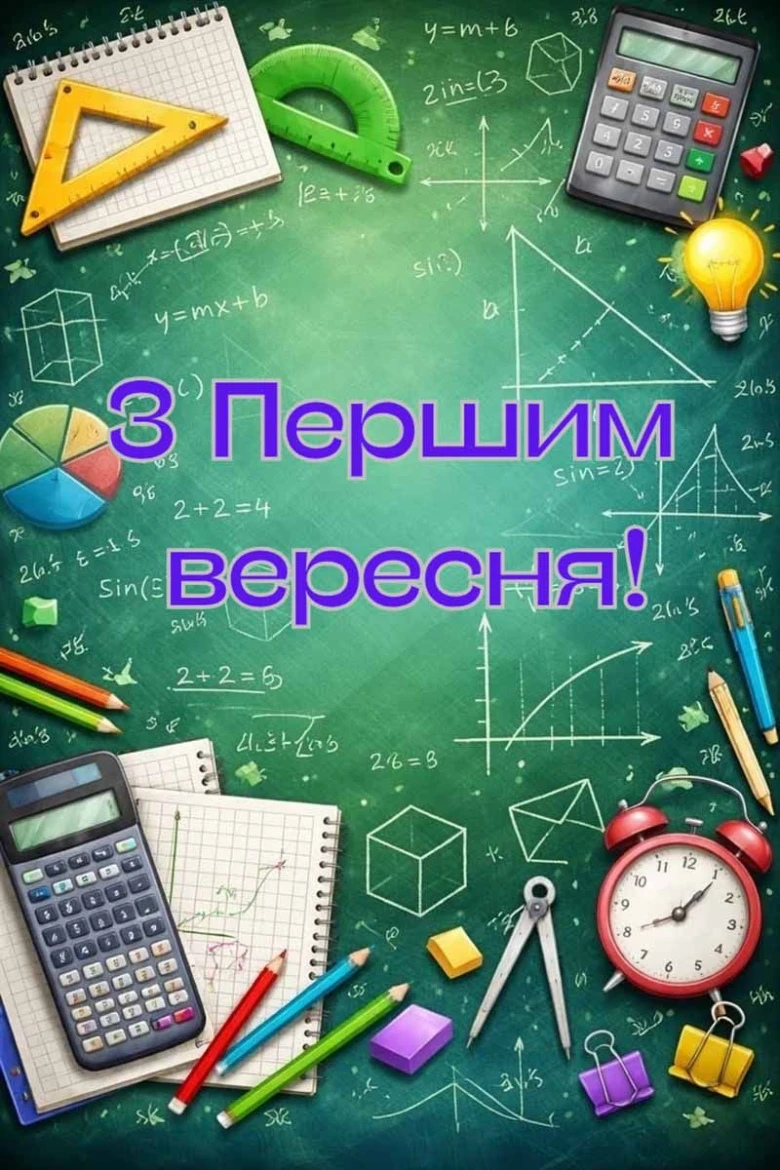 Вітання з початком навчального року: зошити, калькулятори та формули на дошці.