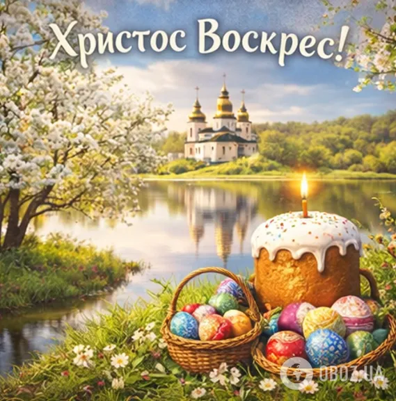 Великоднє привітання з яйцями та церковним пейзажем.