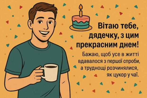 Ілюстрація чоловіка з кавою та тортком на день народження дядькові.